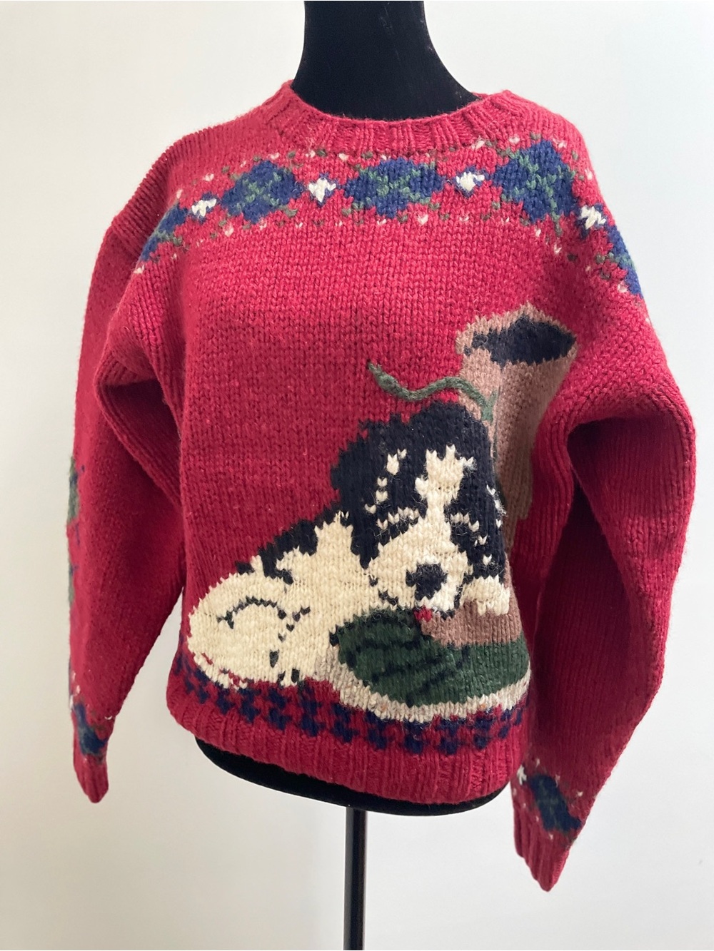 Vintage Woolrich Woman Pure Virgin Wool Dog Sweater Deep Red M